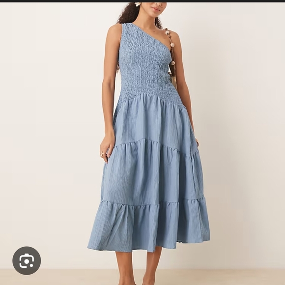 BTFBM Dresses & Skirts - One Shoulder Smocked One-Shoulder Tiered Midi Dress Light Blue Feminine Summer